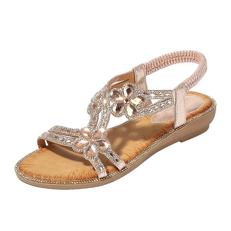 

NOKIO Flat Sandals for Women Dressy Women S Rhinestone Roman Sandals Summer Ethnic Open Toe Thick Bottom Slope Heel Women S Shoes Summer Comfortable Ankle Strap Womens Sandal