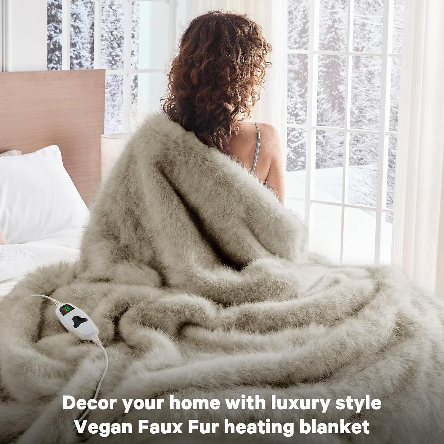 PMONPA Electric Heated Blanket, 51"×61" Faux Fur Heated Blanket for Adult, Fast Heating with 4 Hours Auto Shut Off Timer, Beige & Black