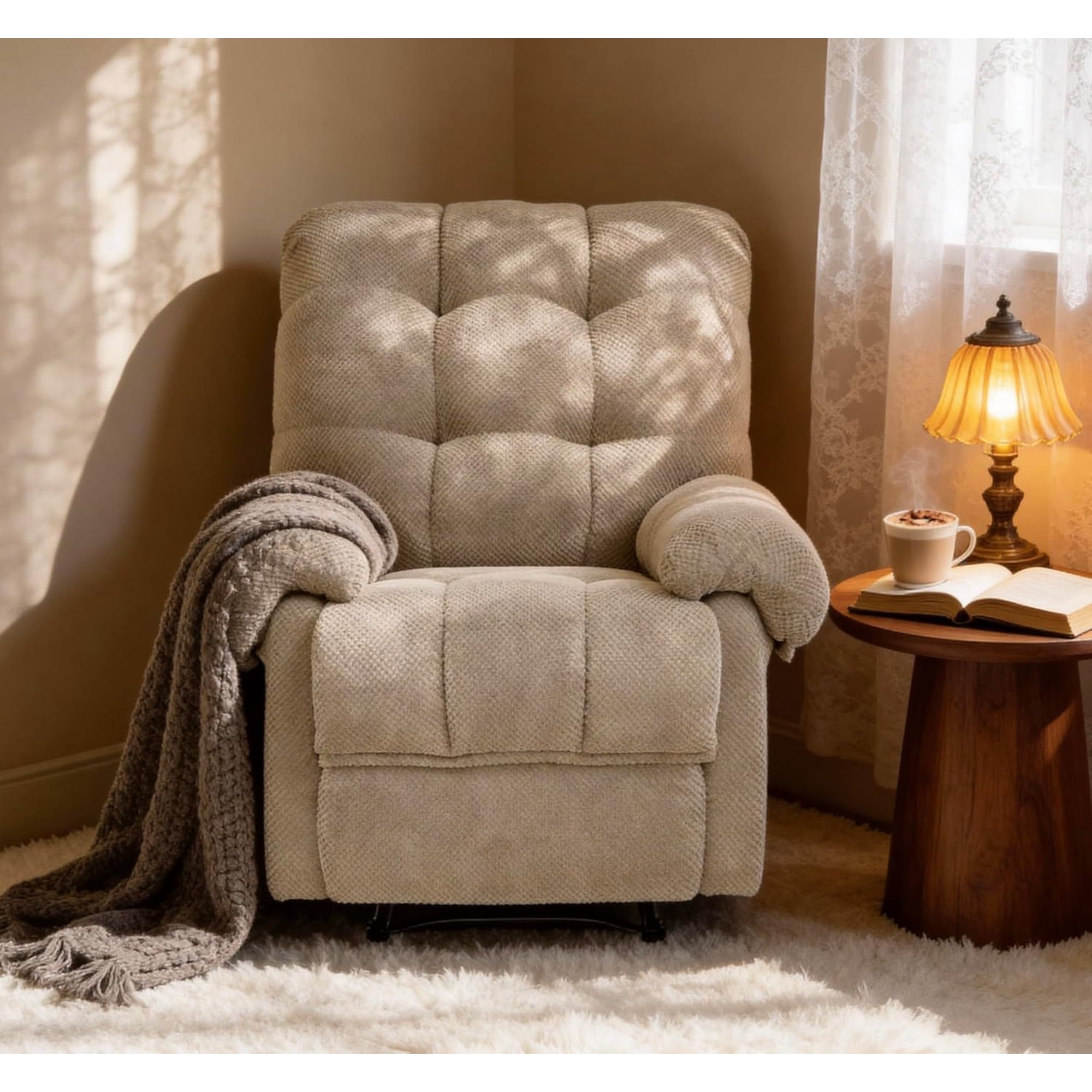 Recliner Chair, Nursery Rocker Reclining Chair with Side Pocket, Upholstered Single Sofa for Living Room, Bedroom, Nursing, Reading, Camel