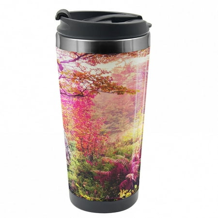 

Forest Travel Mug Majestic Autumn Trees Steel Thermal Cup 16 oz by Ambesonne