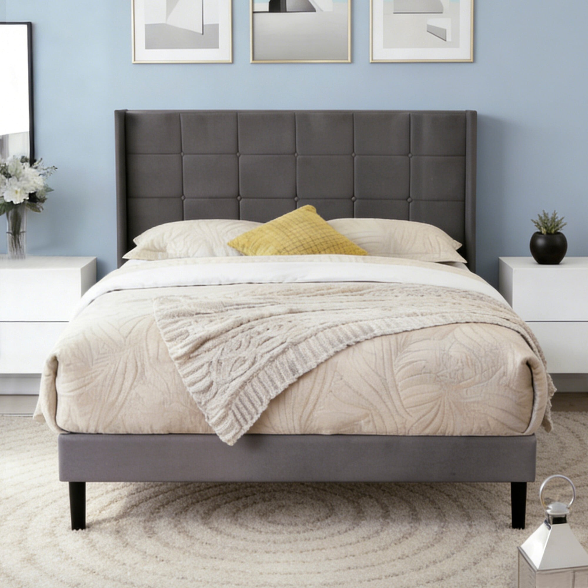 AENKYO Full Size Upholstered Bed Frame with Tufted Headboard & Slat Support, No Box Spring Needed, Dark Gray