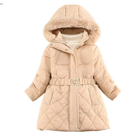 SonxaHe Little Girls Winter Coats Fleece Faux Fur Hood Quilted Puffer Long Coat Children Warm Thickened Waterproof Coats Beige,Sized 6-7