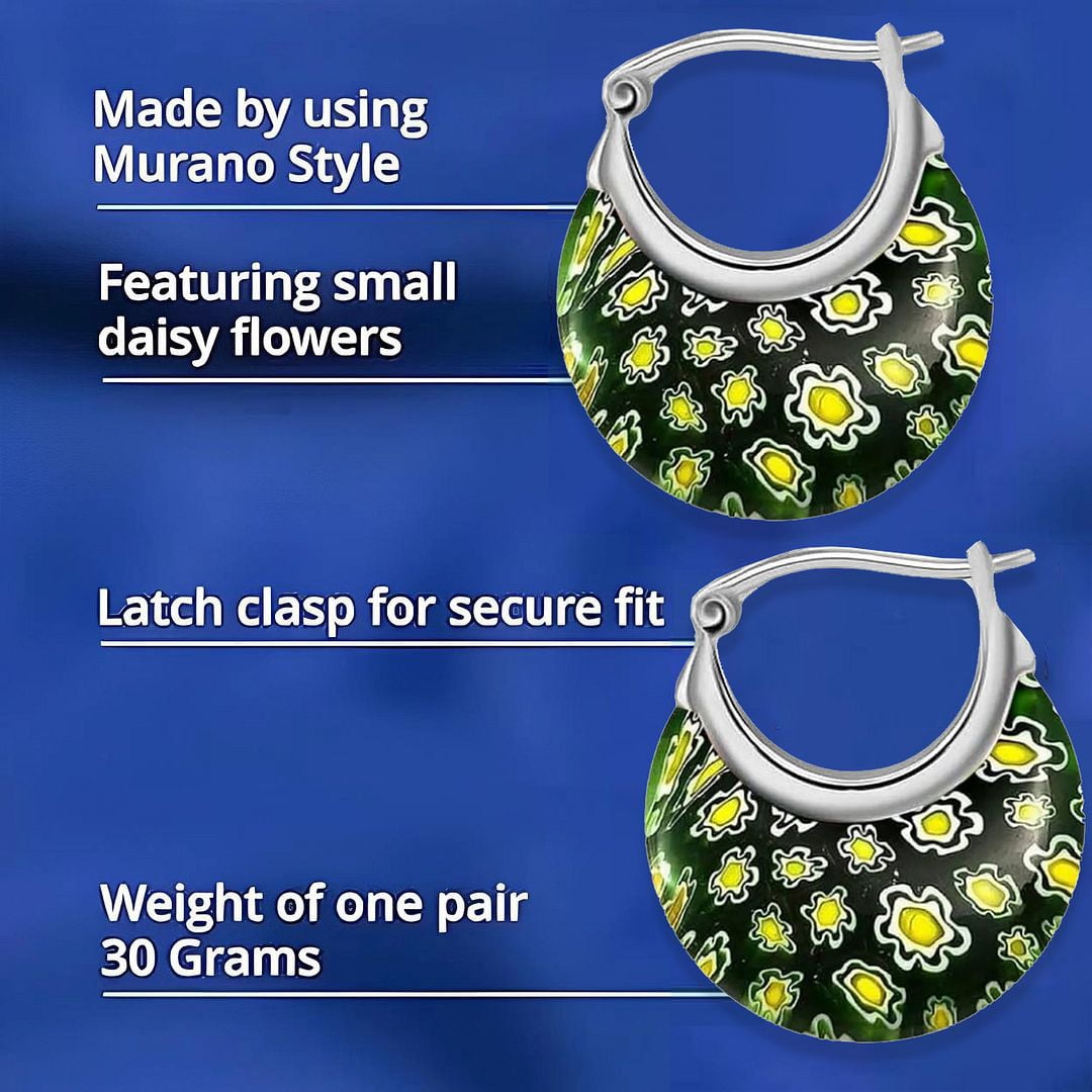Green Murano Style Glass Hoop Earrings - Drop Dangle Earrings Stainless Steel Fun Daisy Flower Jewelry - Anniversary Engagement Her Ct. 30 Birthday Christmas Gifts