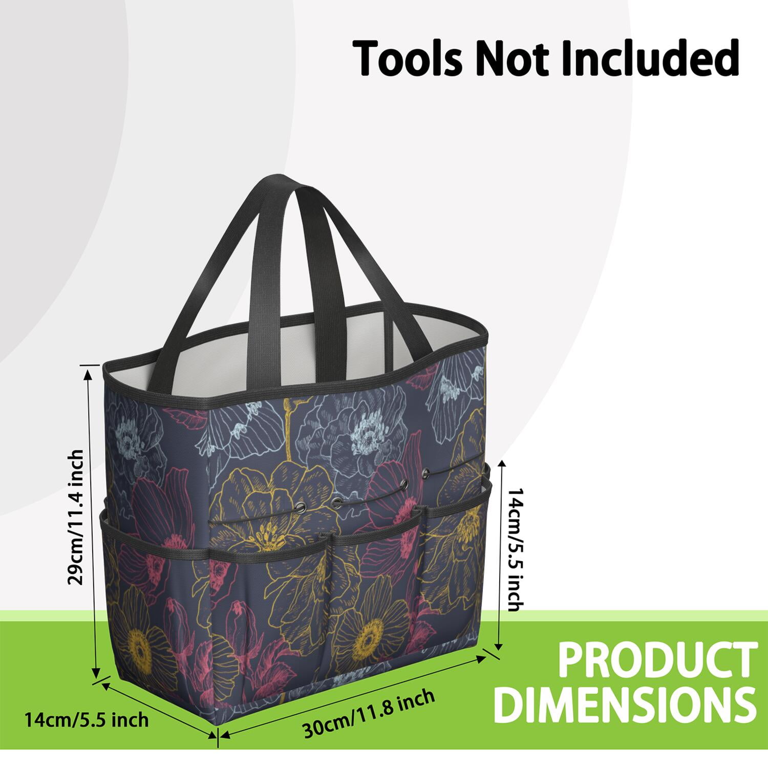 Bright Flowers Garden Tools Bag, Water-proof Oxford Garden Tote Home Organizer Gardening Tool Bag Kit Holder with 8 Pockets for Indoor and Outdoor Gardening(Tools Not Included)