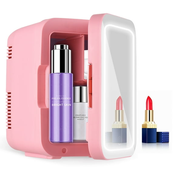 Aoresac Mini Fridge 4L Capacity Portable Cooler and Warmer Skincare Fridge with Dimmable LED Mirror Door AC/DC 12V Small Refrigerator for Skin Care Cosmetic Makeup Beauty Office Dorm Desk
