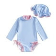 thumbnail image 2 of Toddler Little Girl Bathing Suits Striped One Piece Swimsuit with Ruffled Sunhat Baby Swim Pool Travel Outfits (0 Months, Blue), 2 of 6