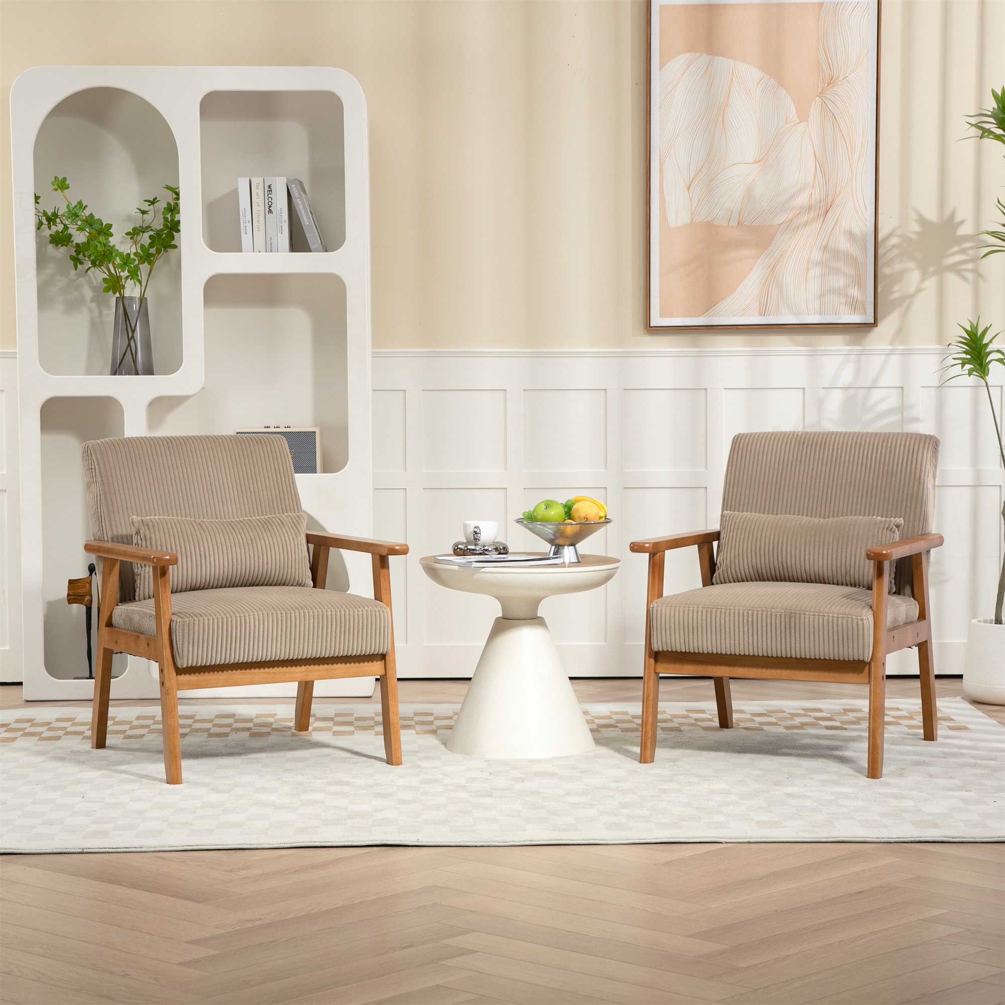 Miniyam Set of 2 Corduroy Mid-Century Modern Accent Chair,Leisure Chair with Solid Wood Armrest and Feet,Living Room Reading Chair,Camel