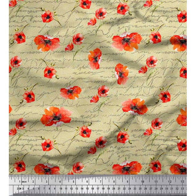 Soimoi Beige Rayon Fabric Text & Poppy Floral Print Fabric by Yard 56 Inch Wide