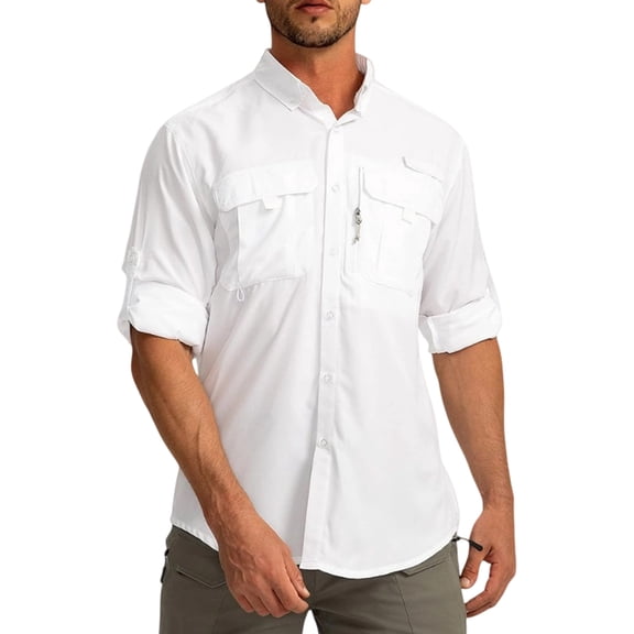 Havenx Long Sleeves Fishing Shirts for Men Button Down Collared Shirt with Zipper Pockets Solid Color Dress Summer Travel Work Hiking Fishing Clothing,White L