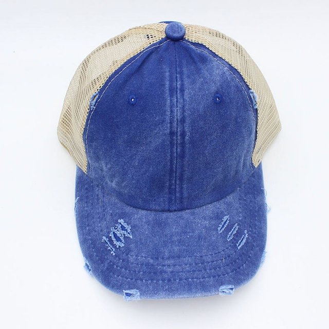 Vintage Ponytail Baseball Cap Women Adjustable Snapback Hat Mesh Distressed Summer Cap Woman Sunhat blue Adjustable