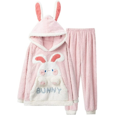 

QWZNDZGR Jilneed Womens Fuzzy Pajamas Set Cute Bunny Hooded Long Sleeve Fluffy Fleece Pullover Pants Cozy 2 Piece Lounge Sleepwear