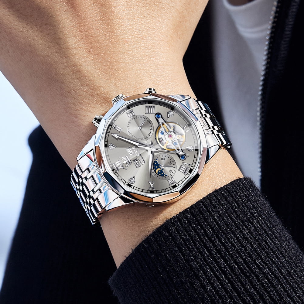 OLEVS Automatic Watches for Men Self Winding Mechanical Skeleton Luxury Dress Chronograph Gold Plated Stainless Steel Calendar Moon Phase Waterproof Luminous Mens Wrist Watches Reloj Para Hombre