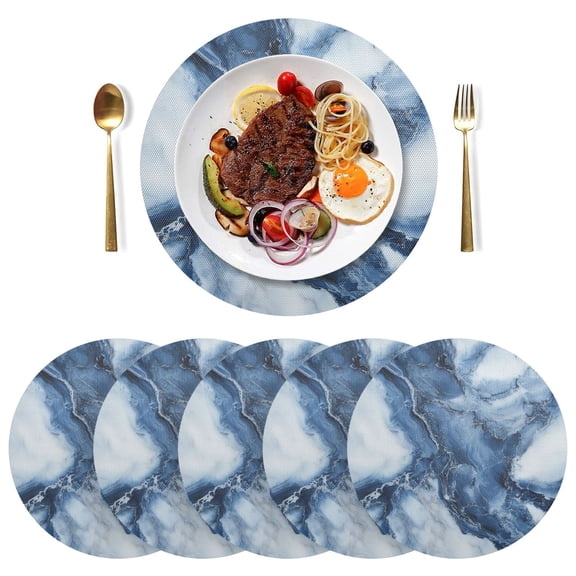 Qxltty 15inch Round Placemats Set of 6 Polyester Fabric Heat Resistant Washable Table Mat for Kitchen Party Decor Ink Blue White Marble