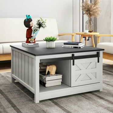 Uforic Farmhouse Coffee Table with Sliding Barn Door, Semi-Open Storage for Living Room, Black Top