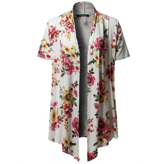FashionOutfit Women's Open Front Short Sleeves Floral Print Cardigan - Made in USA