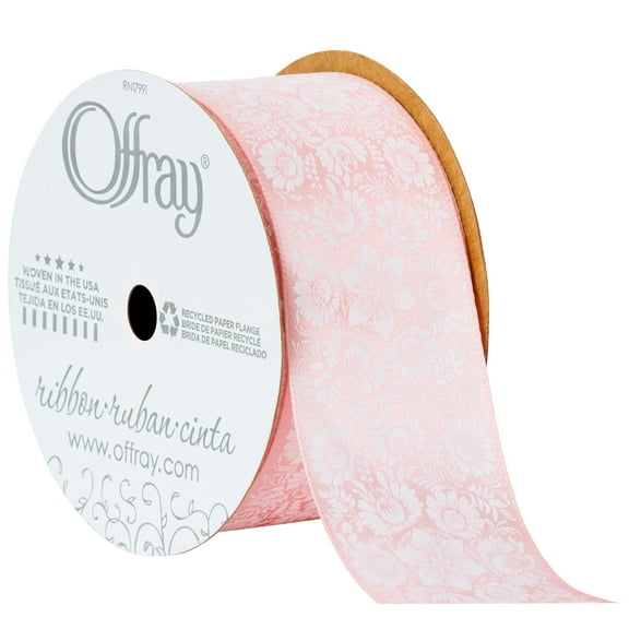 Offray Ribbon, Light Pink 1 1/2 inch Floral Satin Ribbon, 9 feet