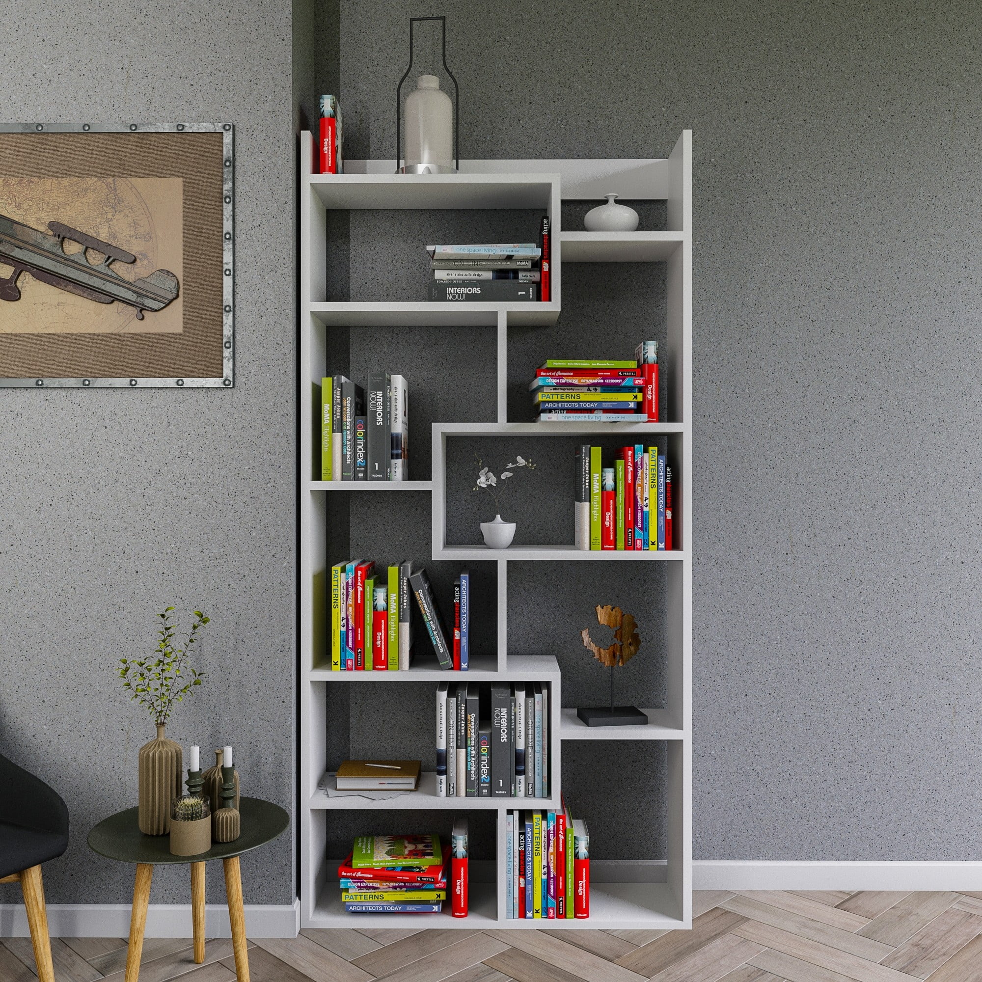 Modern Geometric Bookcase, Bookshelf with 10 Shelves , White - Walmart