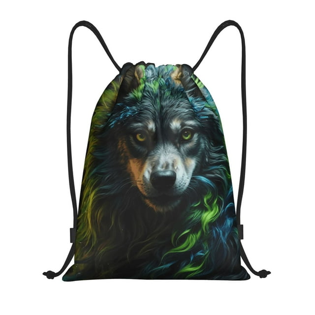 Xecao Realistic Style Colorful Wolf A Pattern Sports Drawstring Backpack - String Swim Gym Bag with Wet Proof Pocket for Women&Men-Medium