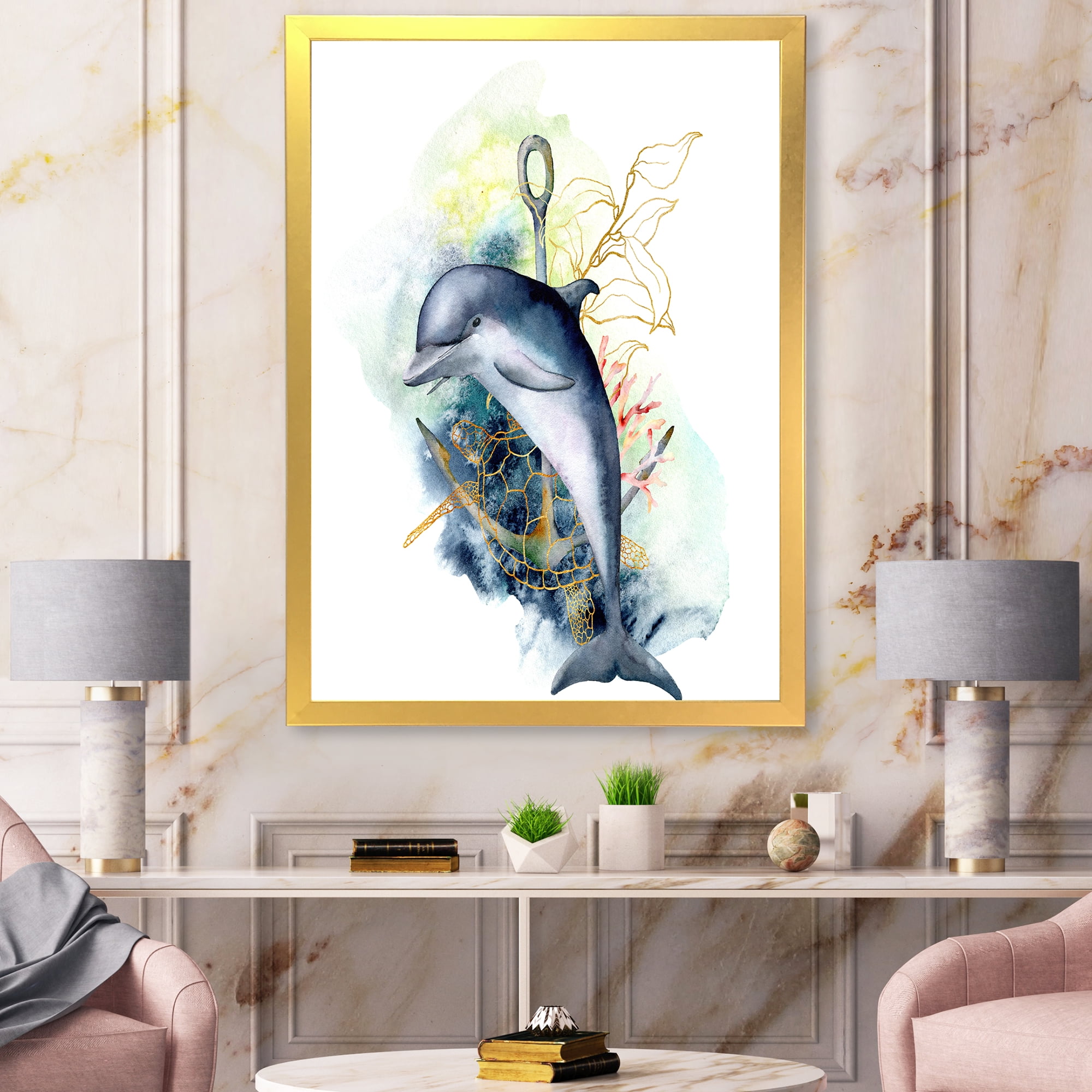 Designart 'Linear Coral Reef Plants and Dolphin Turtle Anchor' Nautical & Coastal Framed Art Print