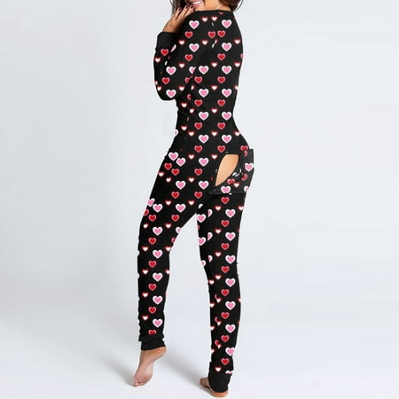 

Women Print Long Sleeve Button Flap Nightwear Jumpsuit Bodysuit Playsuit Romper