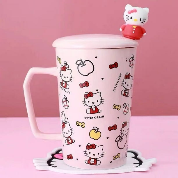 Taza de cerámica Tiki de dibujos animados Sanrio Hello Kitty, taza de café para llevar con tapa, cuchara, tazas de leche para desayuno para el hogar y la Oficina