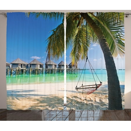 Cheetah Print Bedroom Accessories Holiday Decorations Curtains 2 Panels Set, Hammock Under Palm Leaves In Golden Heaven Beach In Paradise Caribbean Peace Sun Print, Living Room Bedroom Accessories, By Ambesonne ()