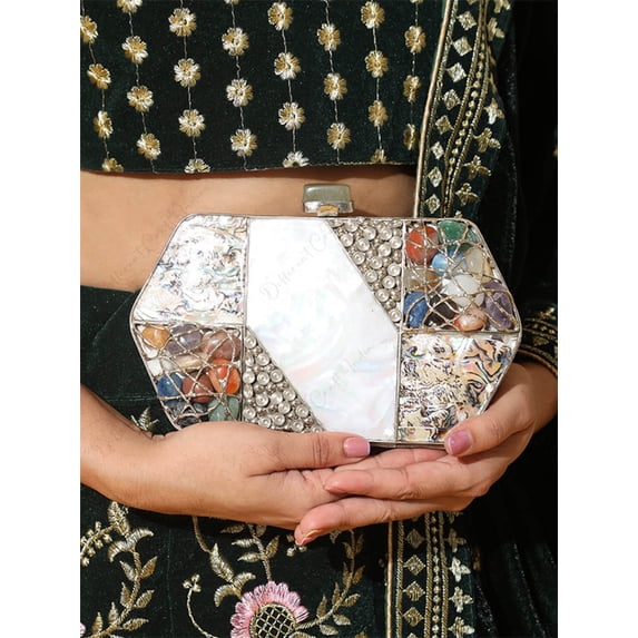 Different Craft India Mother Of Pearl Shell and Natural Marble stone inlaid Brass Engraved novelty purse beach bag