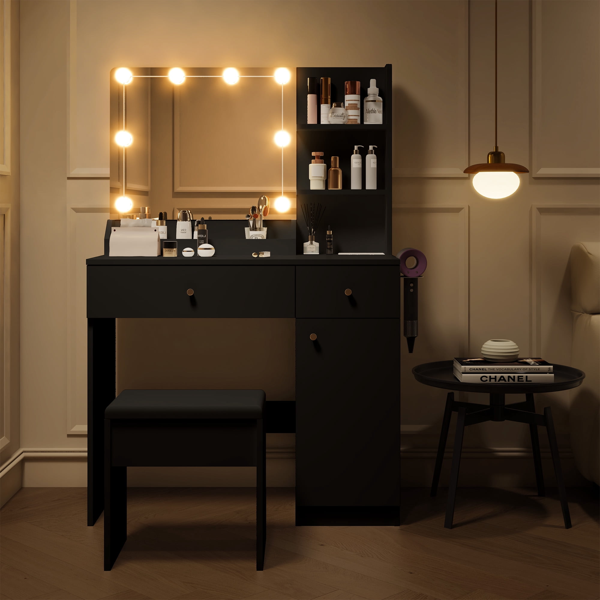 Vanity Desk with Mirror and Lights, Makeup Desk with Power Outlet Drawers Cabinet Stool, Vanity Table 3 Color Modes Adjustable Brightness Dressing Table Set for Bedroom