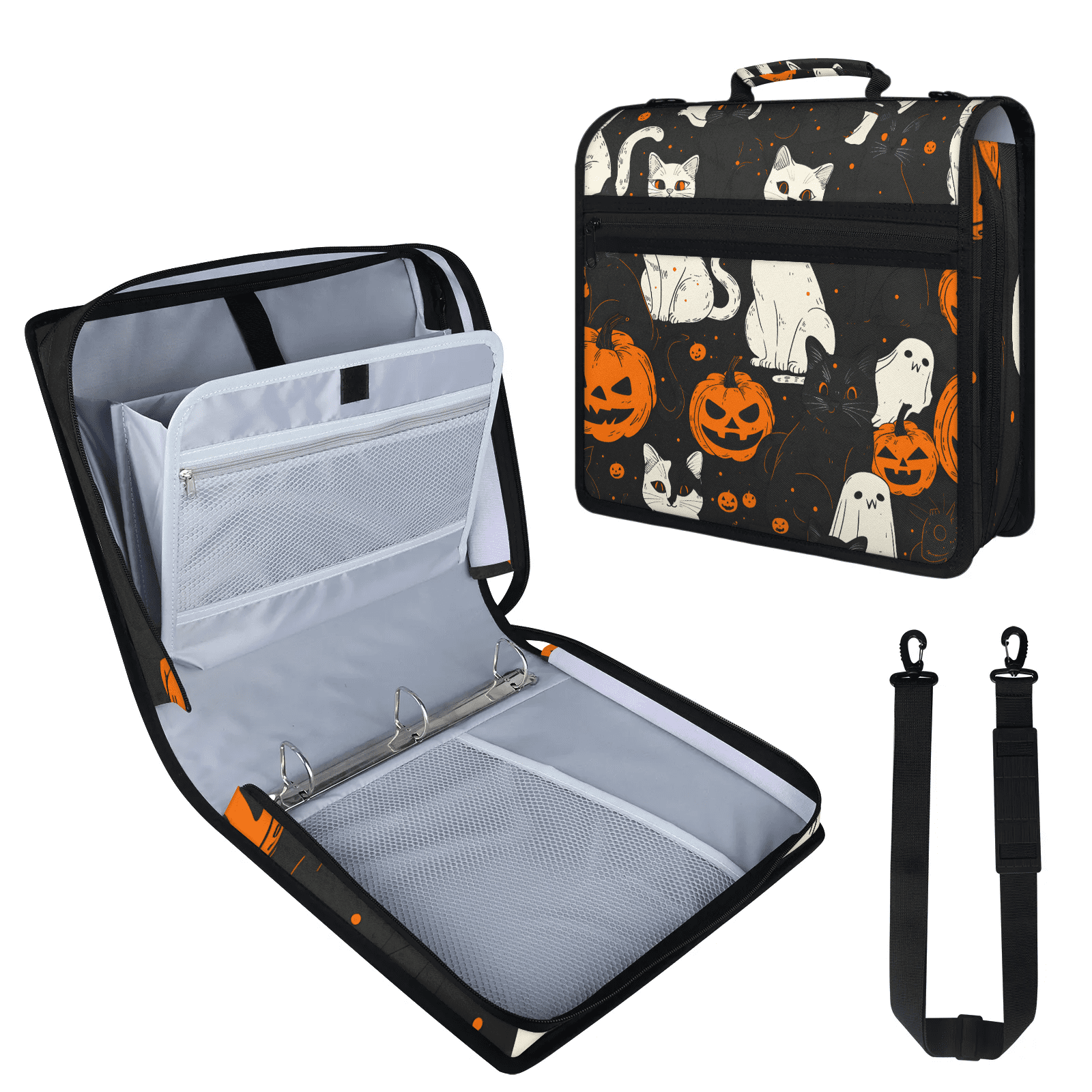 Herdesigns Halloween Pumpkin Zipper Binder 1.5 Inch 3 D-Rings with Shoulder Strap & Handle, Waterproof Black White Cat Binder Organizer Bag for 13 Inch Laptop
