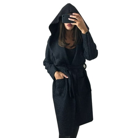Trench Coat Winter Women Long Woolen Coat Women Winter Warm Trench Overcoat Hooded Outwear Hoodies Parka Cardigans Jacket Wool Hoody with Belt ()