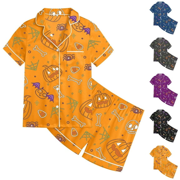 Gelikeya Girls Pajamas Size 6-7 Halloween Pajamas Short Sleeve Shirts Shorts 2 Piece Outfits All Saints' Day Loungewear Toddler Pajamas 2-13Y (Orange, 6-7 Years)