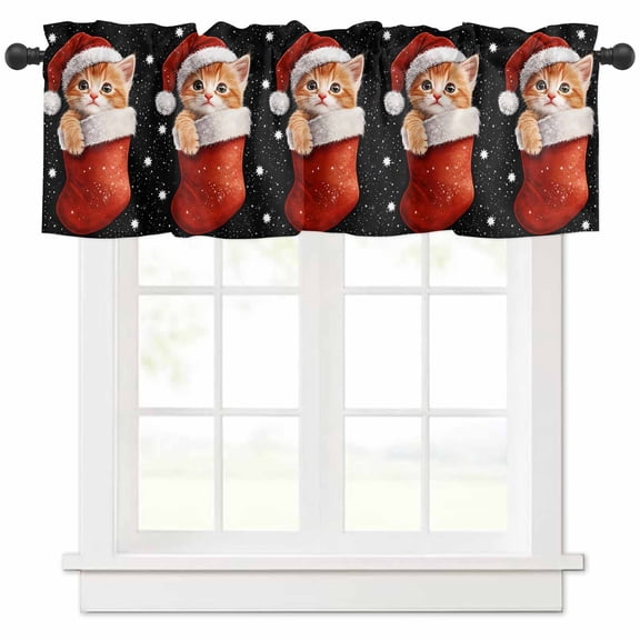 Christmas Valances for Windows, Cat Santa Hat Xmas Stocking Snowflake Light Filtering Window Treatment Valances, Rod Pocket Small Curtains for Kitchen/Bathroom, 42"x12"