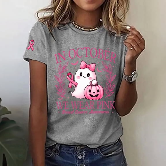 Womens Pink Ribbon Breast Cancer Awareness T-Shirt Angel Wings Pink Ribbon Floral Print Short Sleeve Tops Casual Breast Cancer Graphic Crew Neck Tee