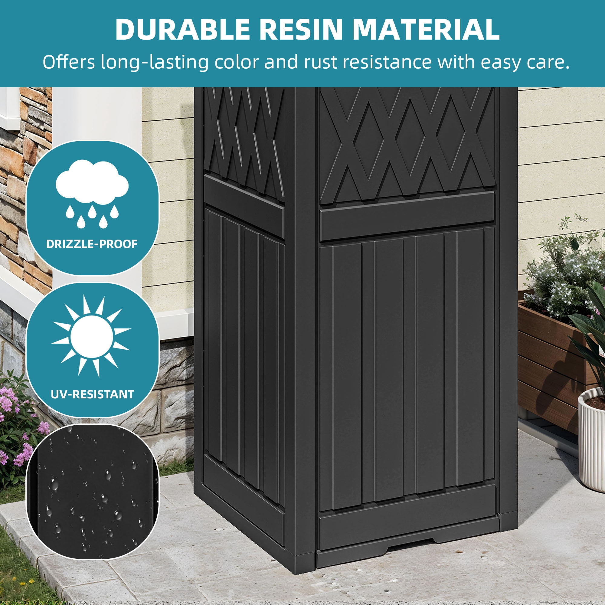 Uforic 32 Gallon Outdoor Trash Can, Waterproof Resin Garbage Bin with Lid & Drip Tray for Porch Backyard Patio, Black