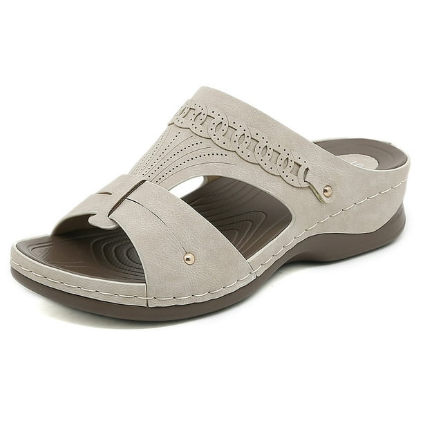 Sandalias de cuña Sandalias de vestir Zapatos de verano Punta abierta Sin cordones para mujer (36) Beige