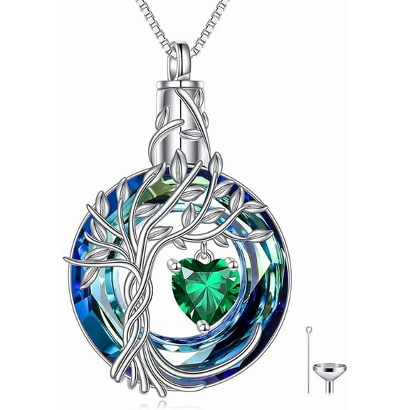DOLIOX Tree of Life Urn Necklaces for Ashes Birthstone Cremation Jewelry 925 Sterling Silver Crystal Memorial Keepsake Funeral Jewelry for Women (with Funnel Filler)