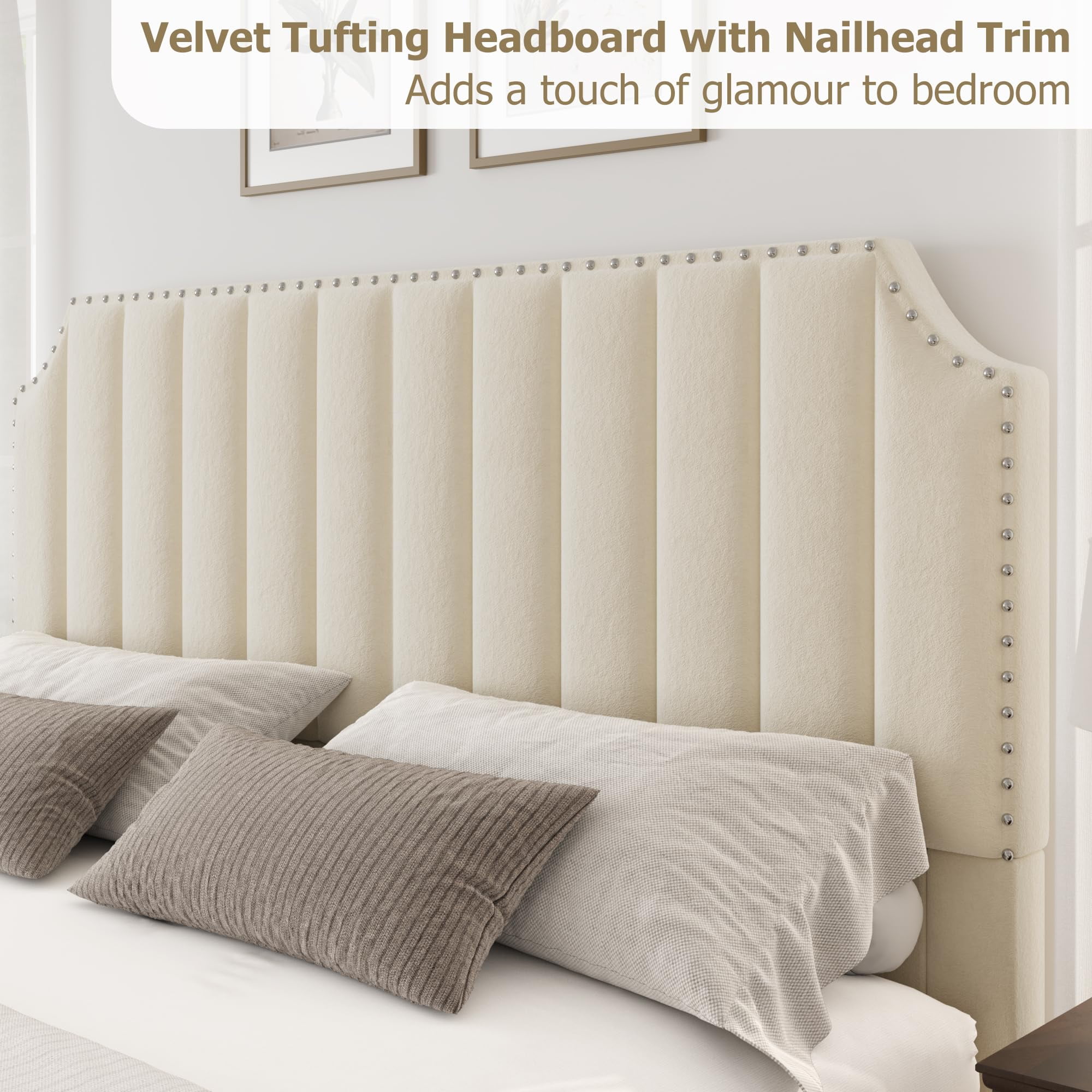 King/Queen Size Bed Frame, Upholstered Platform Bed with Tall Headboard, Velvet Vertical Channel Tufting & Nailhead Trim, No Box Spring Needed, Easy Assembly