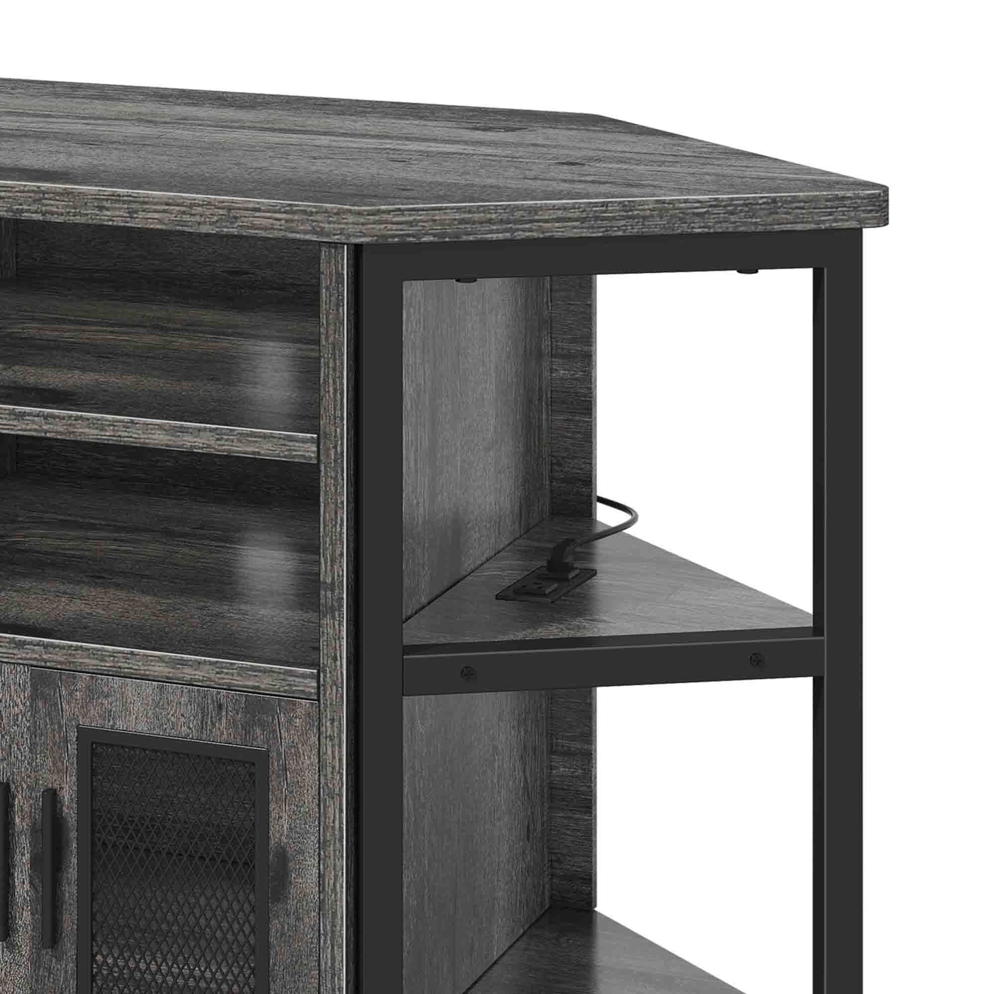 Uforic Modern Corner TV Stand with Adjustable Layer Board, Double Door Mesh Cabinet & 96-Hole Metal Handle, with 2 Outlets 2 USB Ports Power Socket, Gray