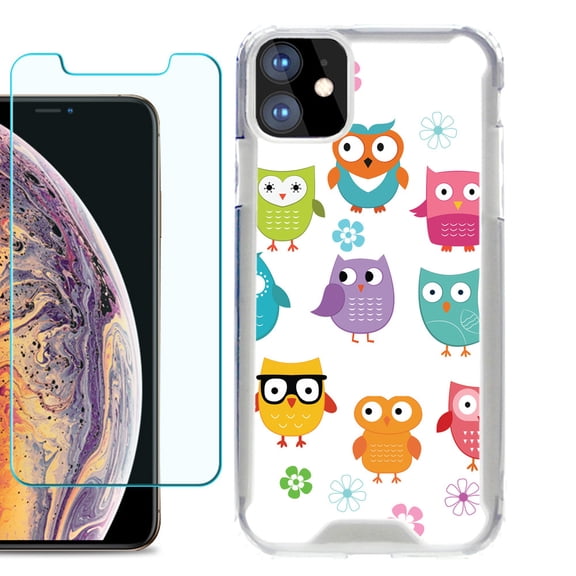 For Apple iPhone 11 Case, Hybrid Bumper Phone Case, with Tempered Glass Screen Protector, by OneToughShield ® - Happy Owl