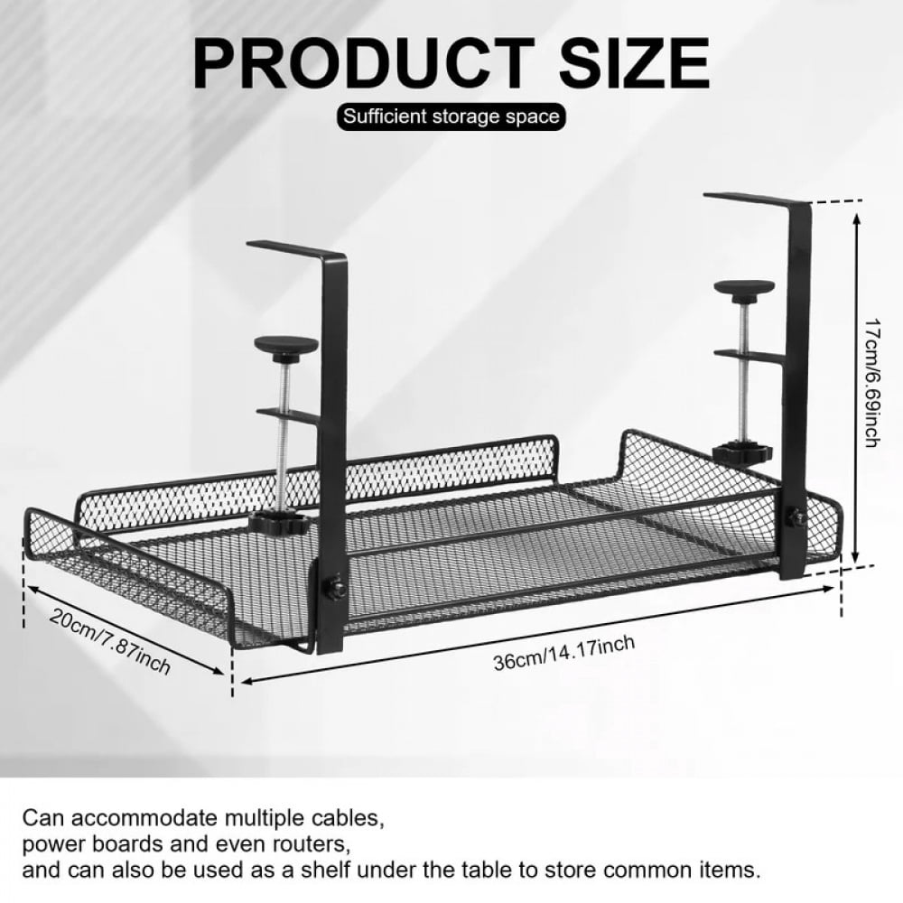 Under Desk Cable Management Tray Carbon Steel No Drill with Clamps Desk Wire Organizers Tray Cable Management Storage Tray