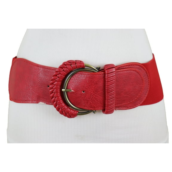 Women Red Elastic Waistband Belt Hip High Waist Gold Buckle S M