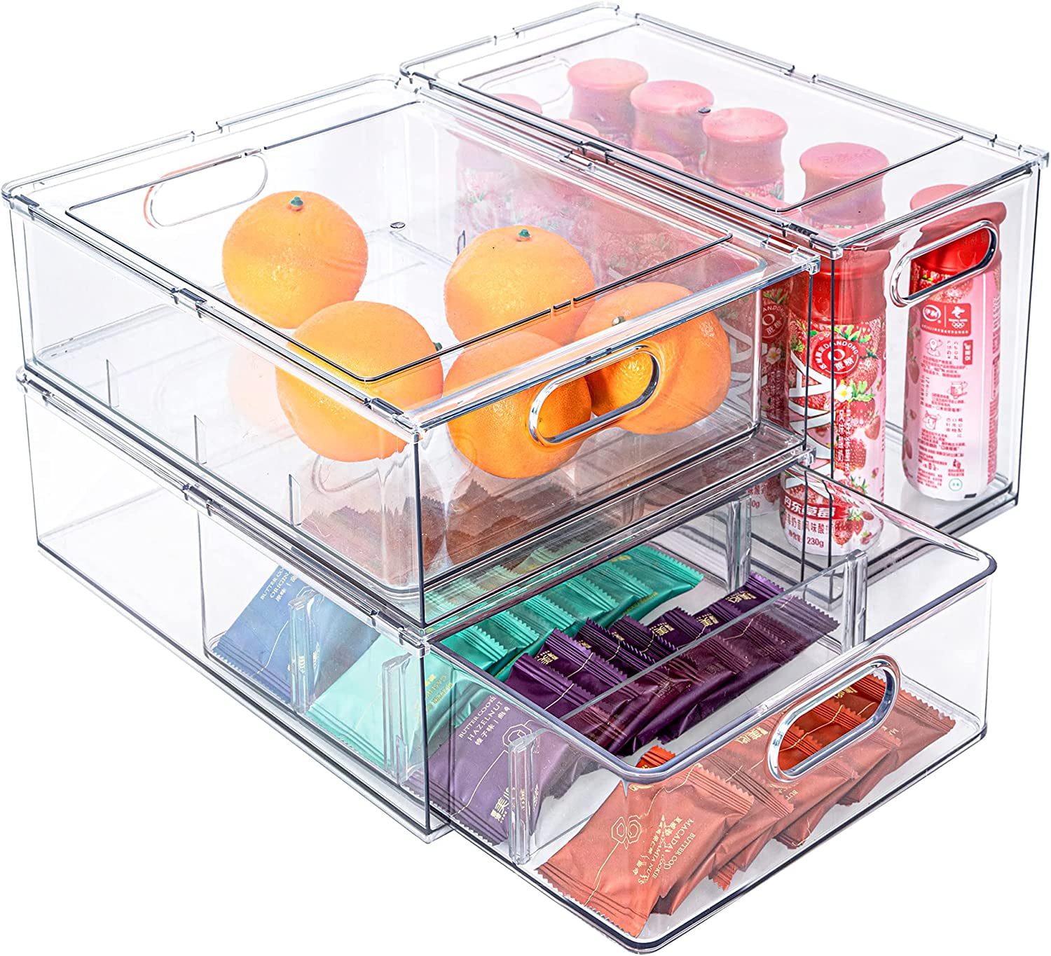 Fridge Drawer Pull Out Stackable Bins with Handle Clear Refrigerator Drawers  Organizer Food Storage Container Box with Dividers Plastic Produce Saver  for Pantry, Cabinet, Kitchen, Clothes 