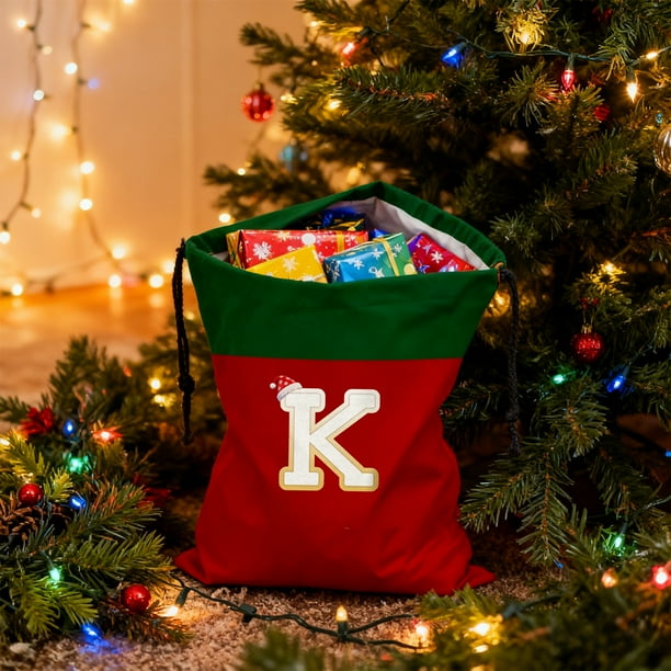 Bolsa de regalo navideña con cordón, 26 letras, poliéster rojo, 30 x 38 cm | Bolsa reutilizable para dulces navideños, pequeña bolsa para envolver regalos, organizador de decoración festiva