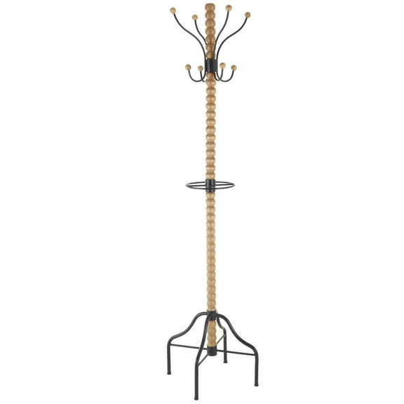 DecMode 18" x 72" Brown Wood Spindle 8 Hook Coat Rack with Black Metal Accents and Beaded Ends, 1-Piece