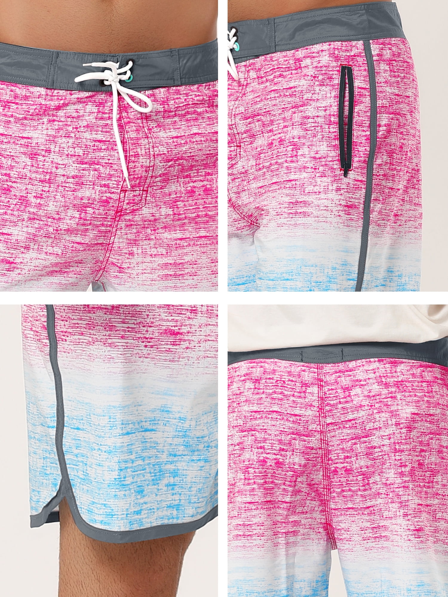 Unique Bargains Men's Summer Printed Drawstring Color Block Swim Beach Shorts 32 Pink Blue