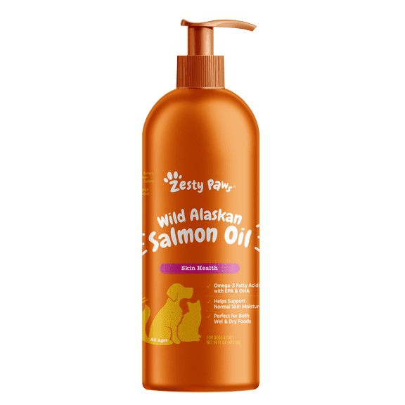 Zesty Paws Pure Wild Alaskan Salmon Oil Liquid Food Supplement for Dogs or Cats, 16 fl oz
