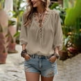 thumbnail image 5 of HaCpiu Women's V-Neck Lace Blouse, Casual Loose Long Sleeve Ruffle Tunic Shirt, Lightweight Flowy Tie-Front Top with Bell Cuffs, Gray XL, 5 of 6