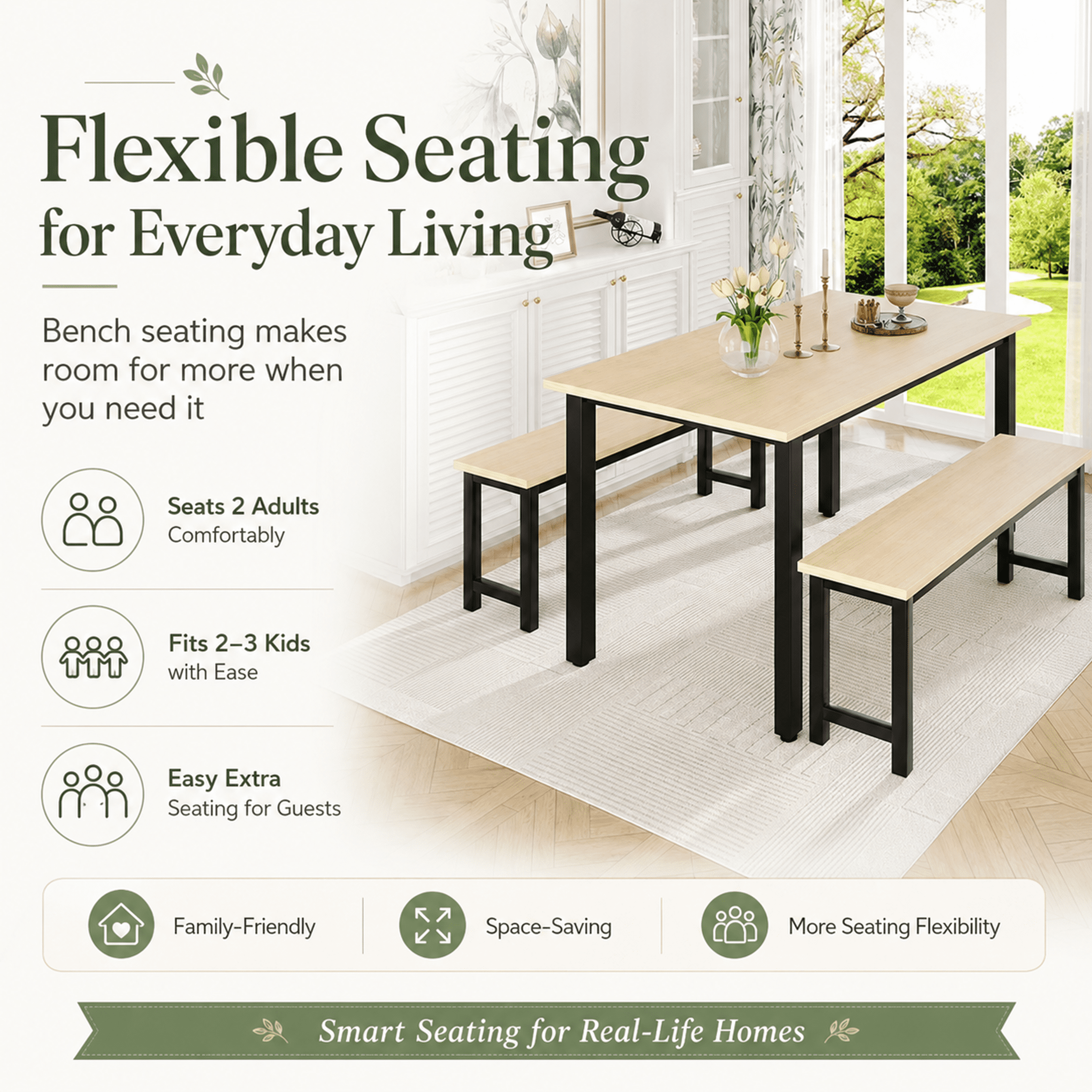 UHOMEPRO Dining Table Set for 4, Kitchen Table with 2 Benches, Modern Dining Room Table Set with Metal Frame, Breakfast Nook Furniture Set for Home Cafeteria Bar Kitchen, Natural+Black