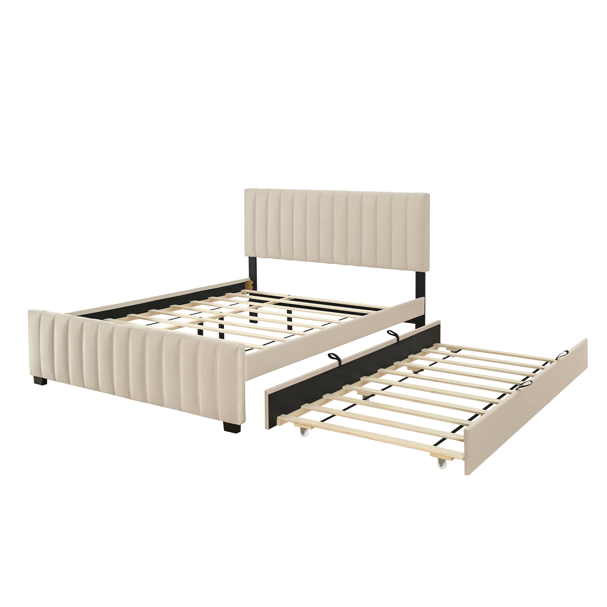 Aukfa Queen Size Upholstered Bed Frame with Twin XL Trundle, Velvet Tufted Headboard & Footboard, Beige