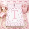 thumbnail image 3 of Meiyoeat Pink Initial T Print Bed Sheets 4-Piece, Kawaii Bow Stripes Flowers Full Size Sheets, 3 of 6